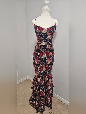 SHEIN Navy Maxi Slip Dress with Red & Cream Floral Print
